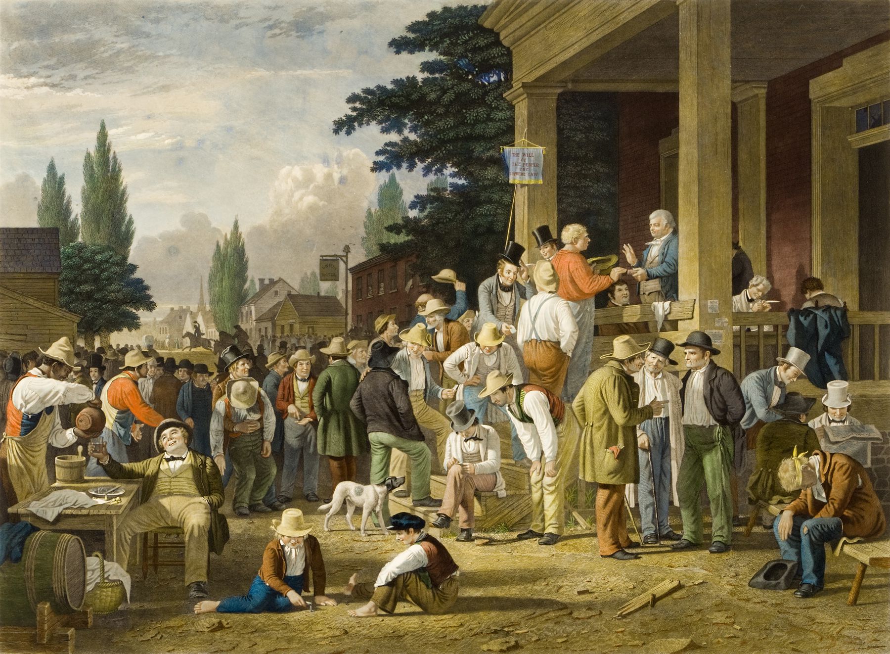 Painting from 1800s of white men standing in line to vote