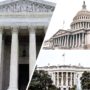 Montage of the Supreme Court building, the US Capitol building, and the White House