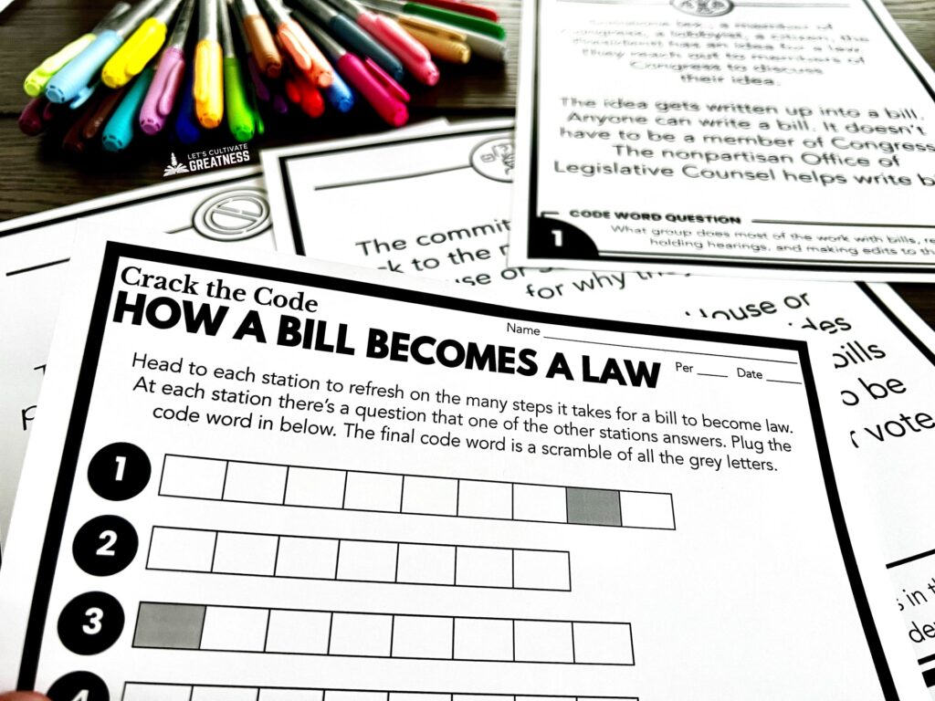 materials for a legislative branch activity on how Congress passes bills into law