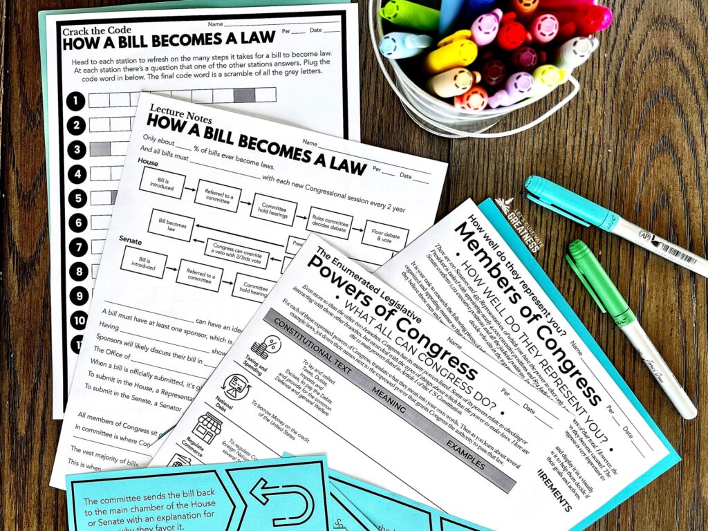 Legislative Branch lesson activities for teaching about Congress and how a bill becomes law