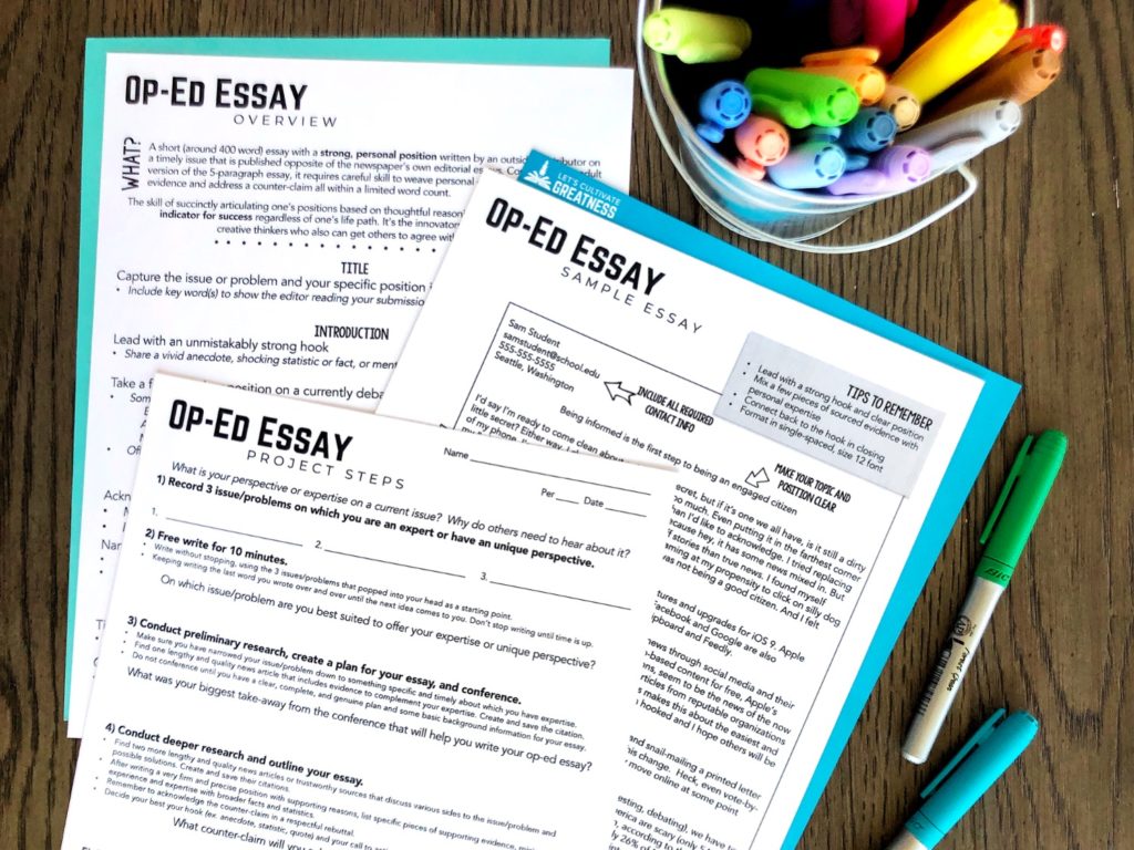 Op-ed essay writing student kit with handouts