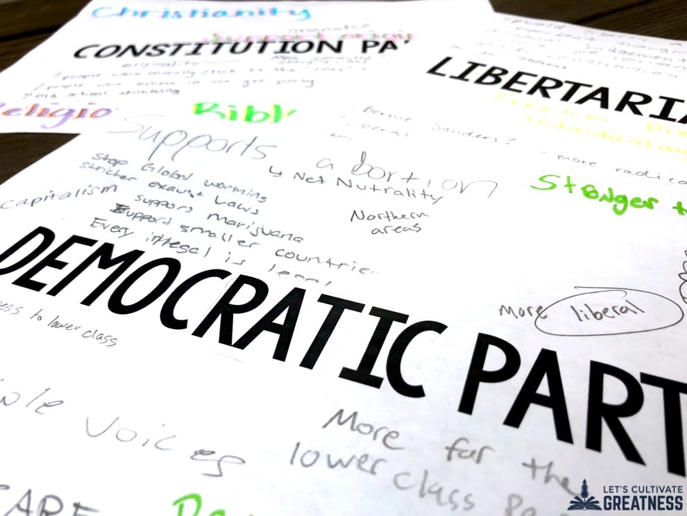 Sheets of Paper with Political Party Names and Student Writing