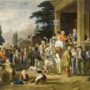 Painting from 1800s of white men standing in line to vote