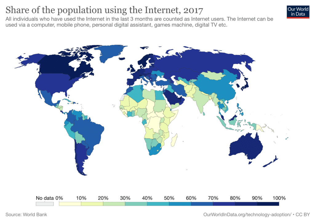 Map showing percentages of access to the internet worldwide