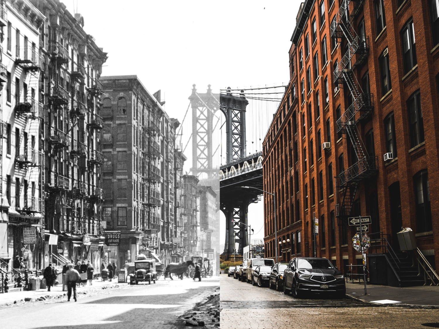 Compilation image of vintage and modern photograph of Brooklyn Bridge