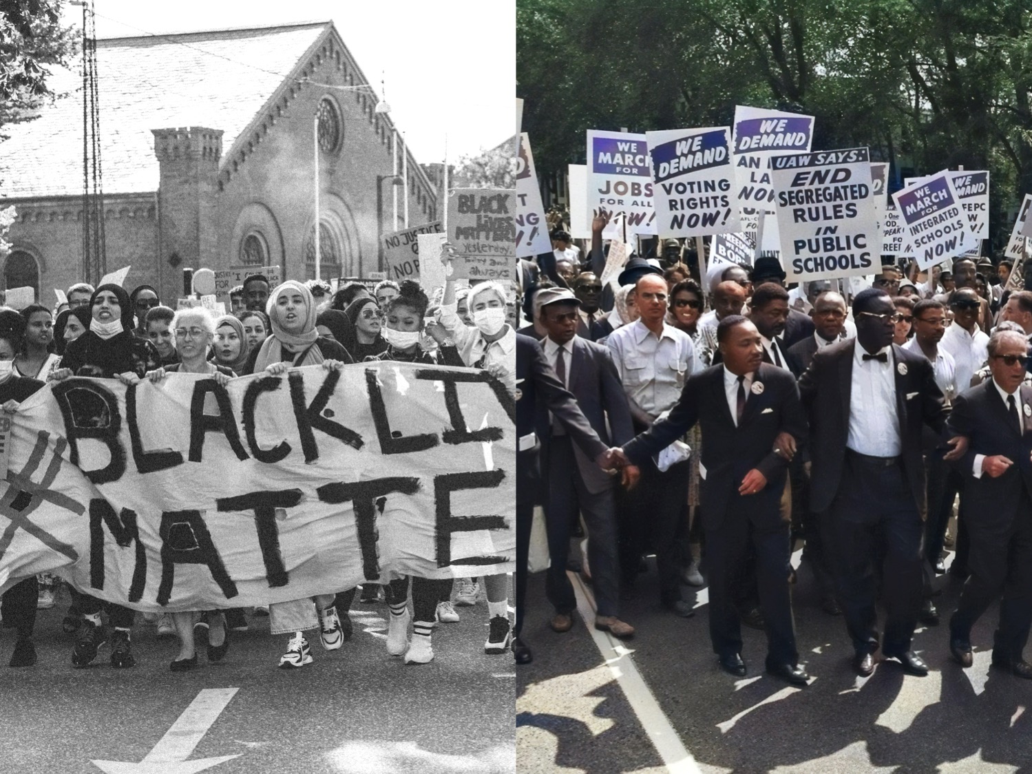 Compilation image of 2020 Black Lives Matter and 1963 March on Washington protest
