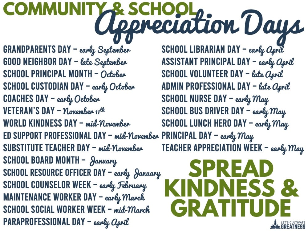 Calendar of community, school, and teacher appreciation days