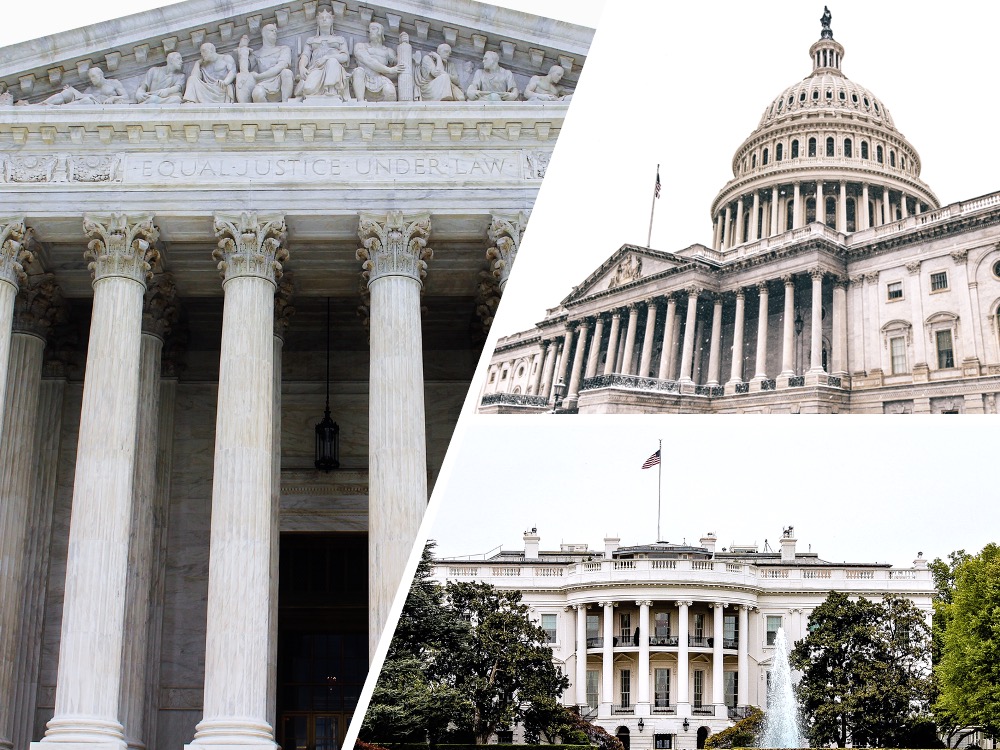 Montage of the Supreme Court building, the US Capitol building, and the White House