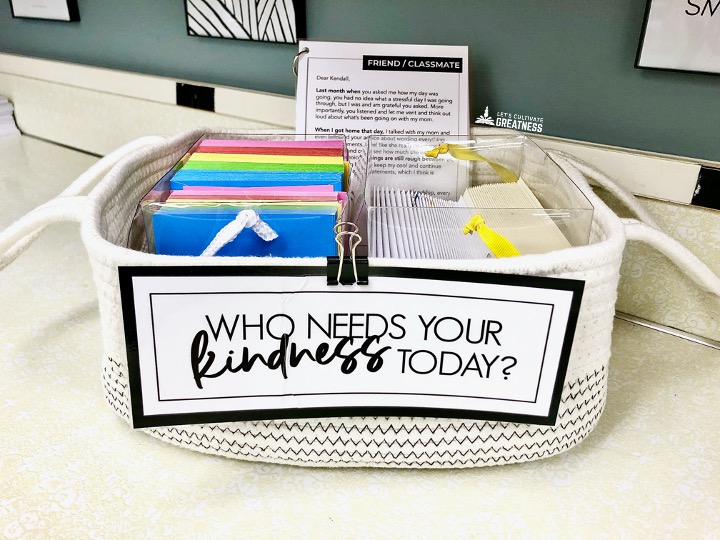 Basket with a variety of blank note cards on a classroom counter