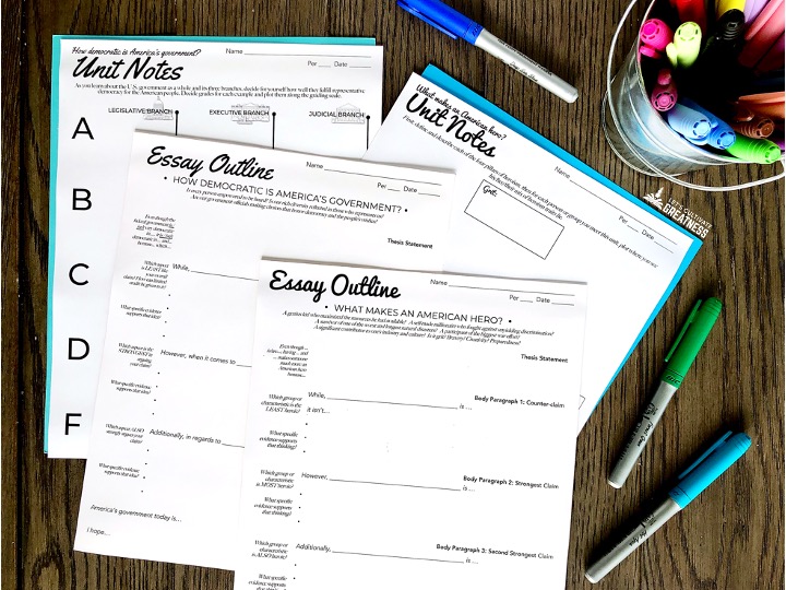 Graphic organizers and essay outline that support inquiry-based learning in social studies