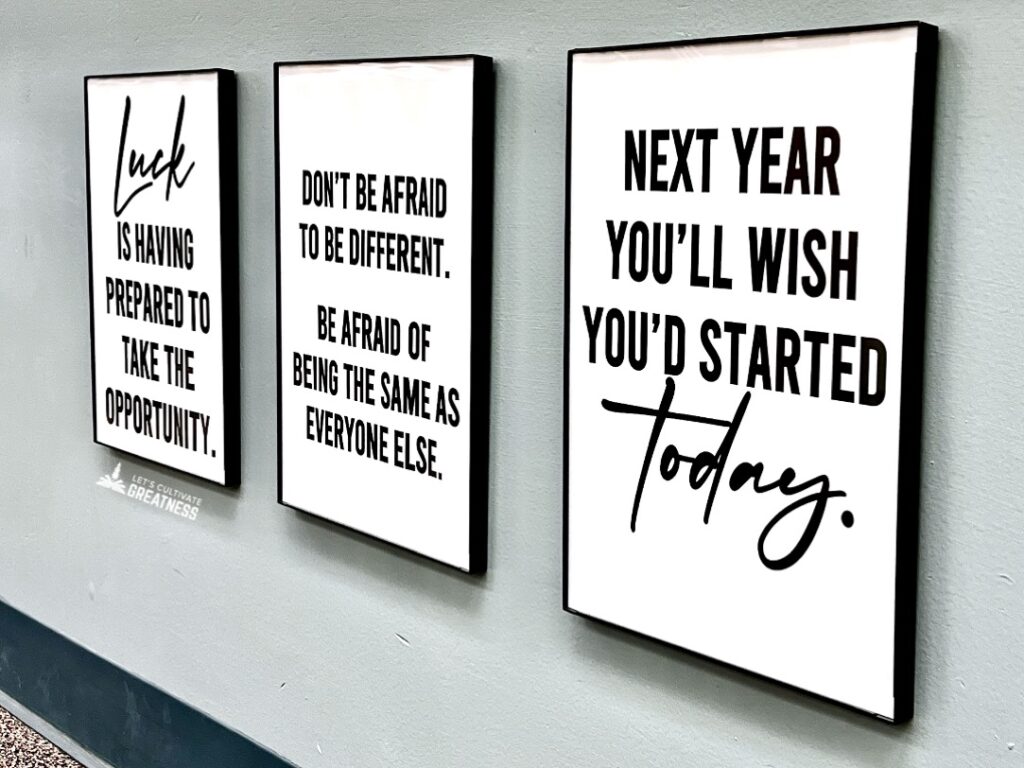 A wall display of classroom posters with inspirational messages 