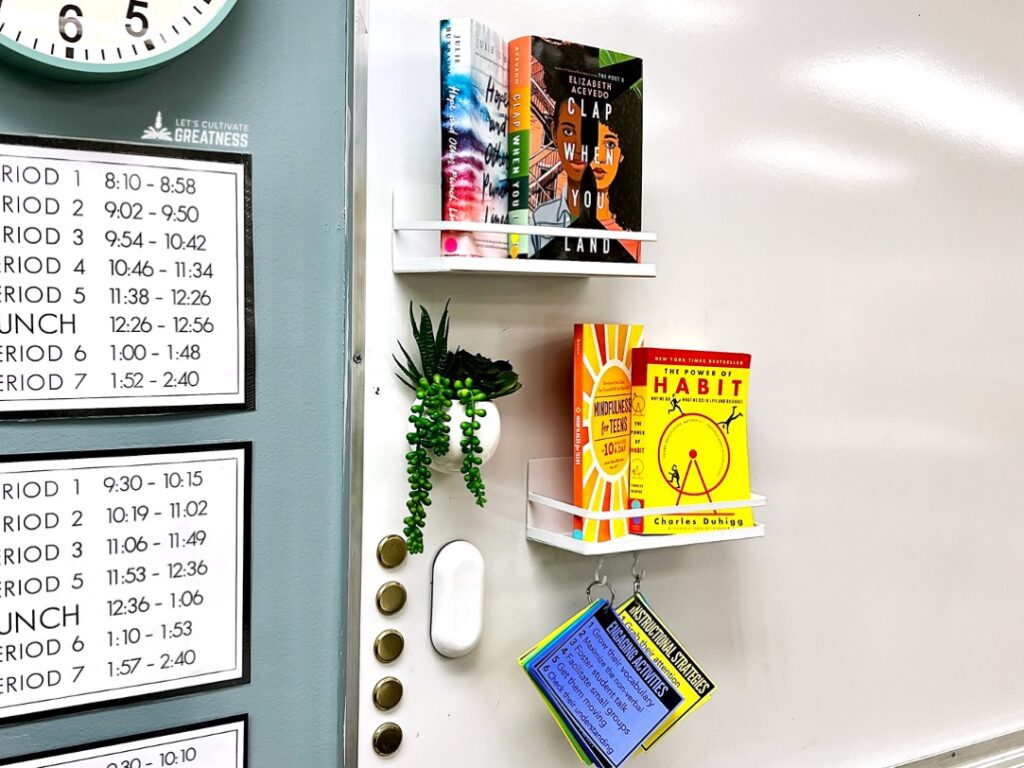 A set of magnetic shelves and hooks attached to a whiteboard containing classroom items 
