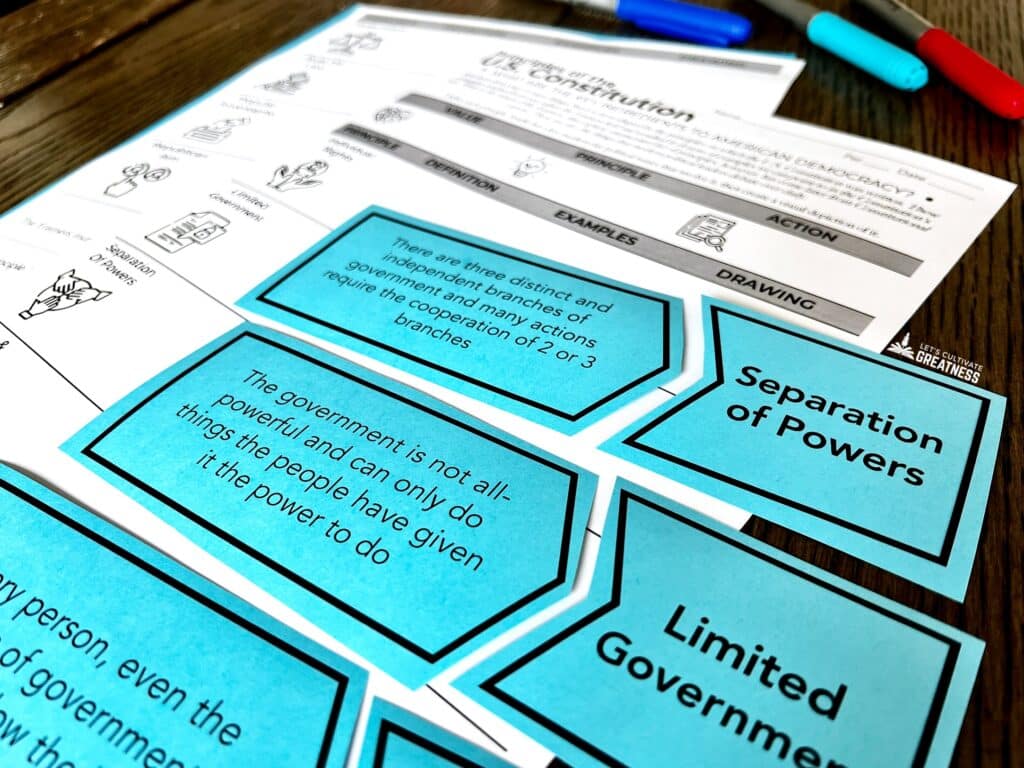 Guided notes activity for teaching the definitions and examples of the principles of the US Constitution
