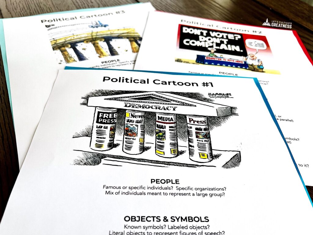 Political cartoon civics lesson activity to help teach the principles of the Constitution using examples