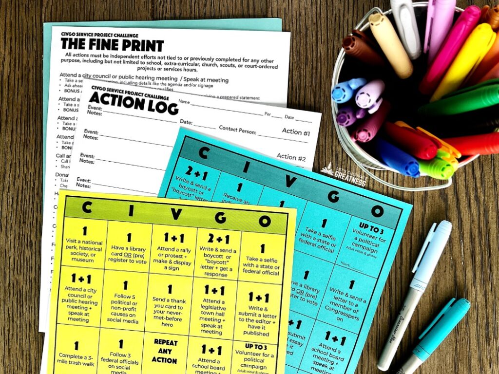 Student worksheets for civic engagement activities or political service project 