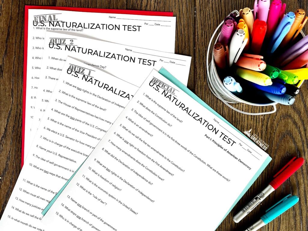 Civics activity idea of four Citizenship Test sheets for students to pass