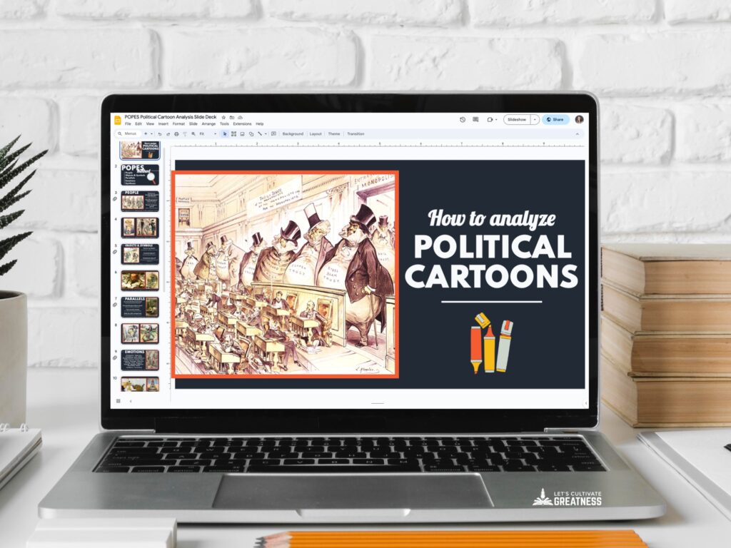 Step-by-step PowerPoint lesson for teaching how to analyze political cartoons
