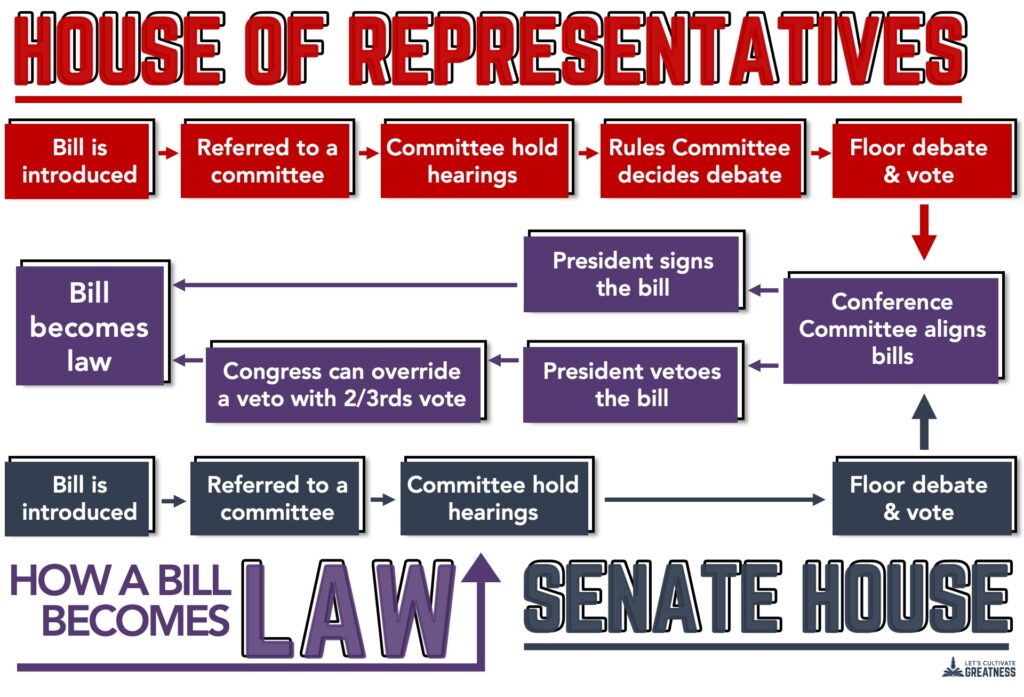 Flowchart graphic organizer of the steps for how a bill becomes law