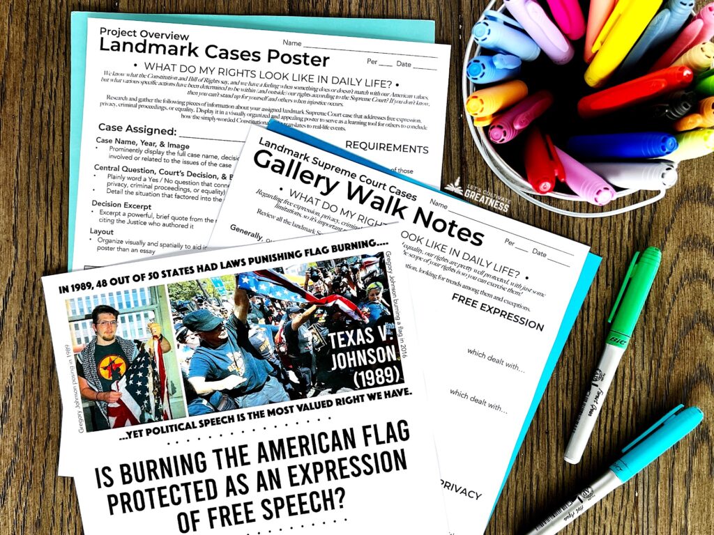 materials for a poster project and gallery walk activity on landmark Supreme Court cases