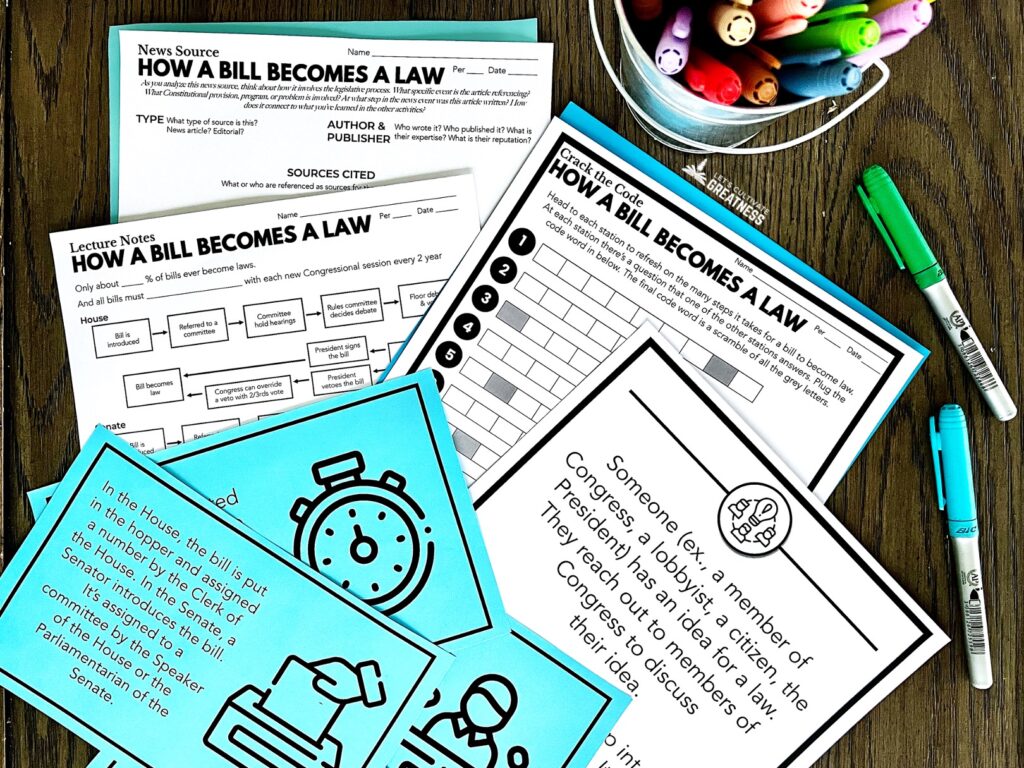 Government and Civics lesson activity sheets for teaching how a bill becomes law
