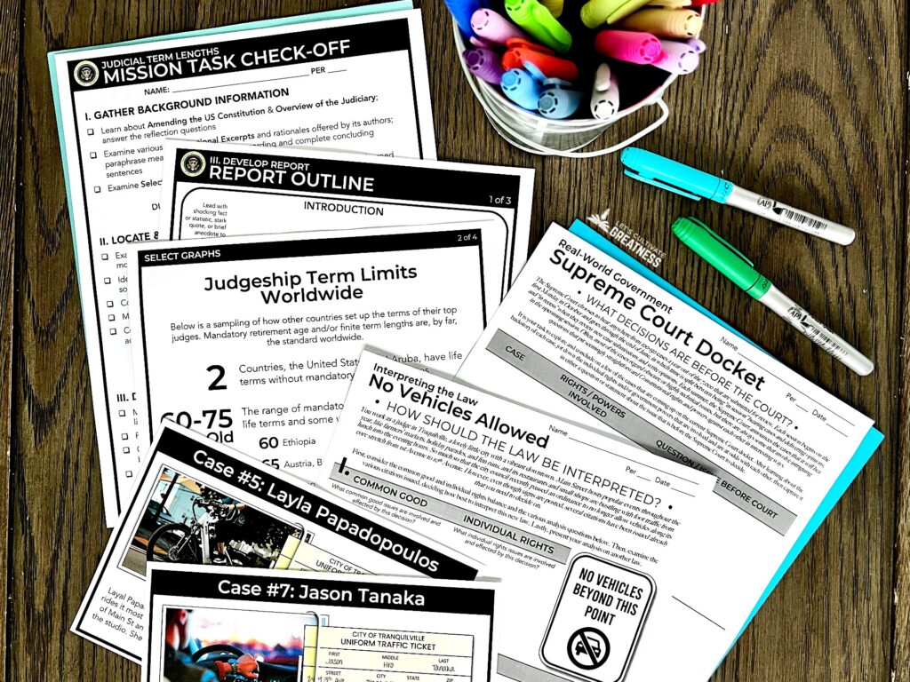 Judicial Branch lesson activity sheets for teaching the federal courts and Supreme Court