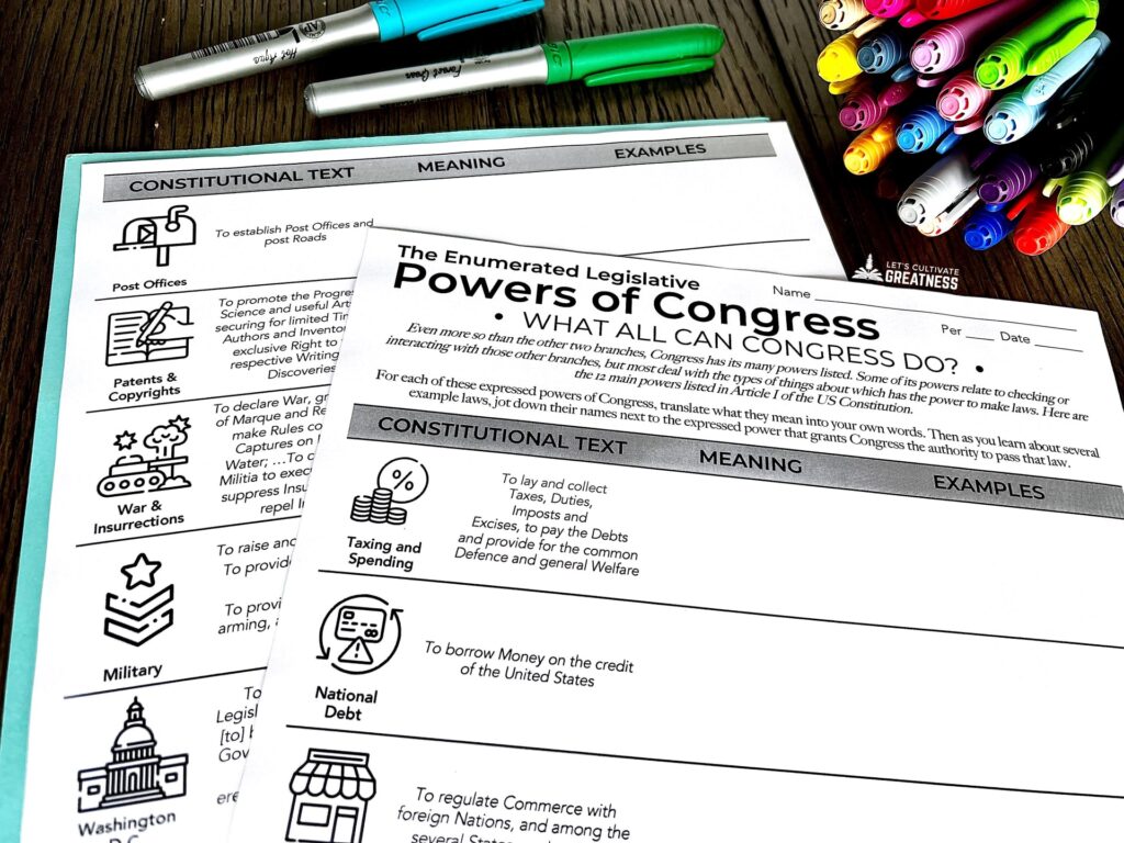 Materials for a legislative branch lesson activity on the powers of Congress