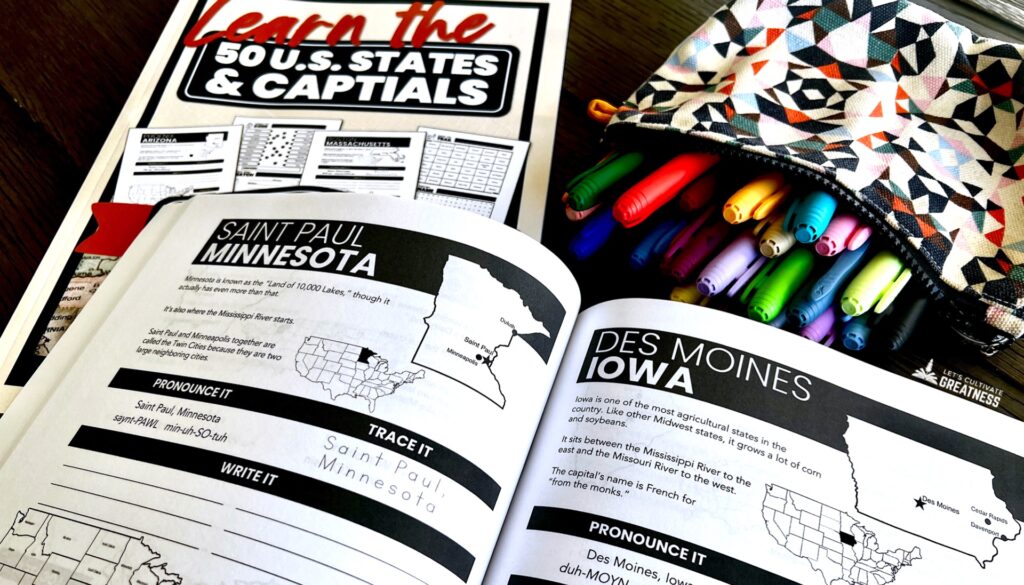 U.S. geography workbook for learning the 50 states and capitals for homeschool and middle high school