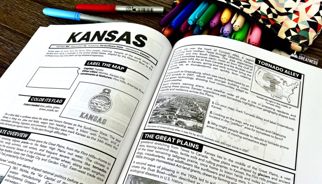 Kansas state study workbook pages showing map, geography, and cultural connections