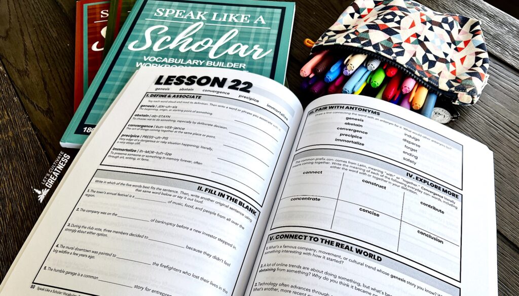 : Vocabulary workbook interior page showing word in context, definition, synonyms, antonyms, and student sentence practice for middle and high school