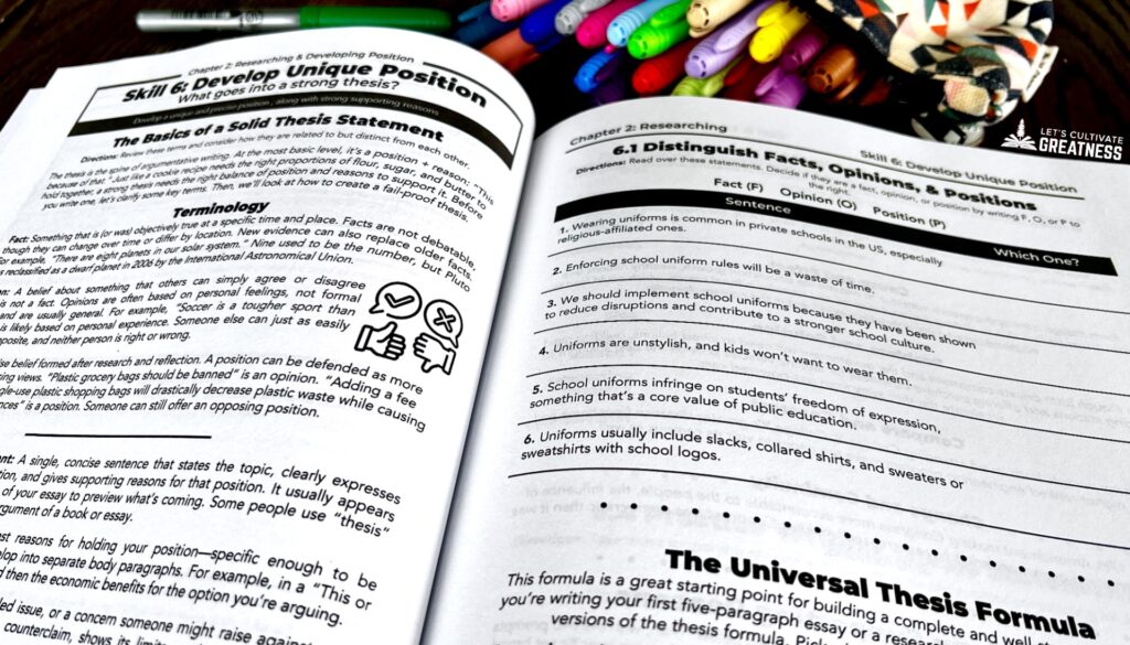 Essay writing workbook interior page showing how to write a thesis statement for middle and high school