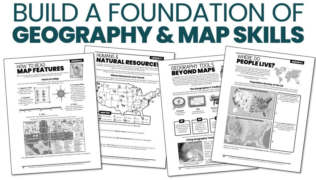 Geography workbook for upper elementary and middle school covering map-reading skills, human geography, landforms, population, and natural resources