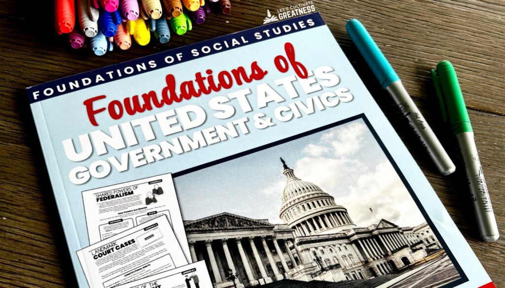 Homeschool civics and government curriculum workbook for middle school social studies.