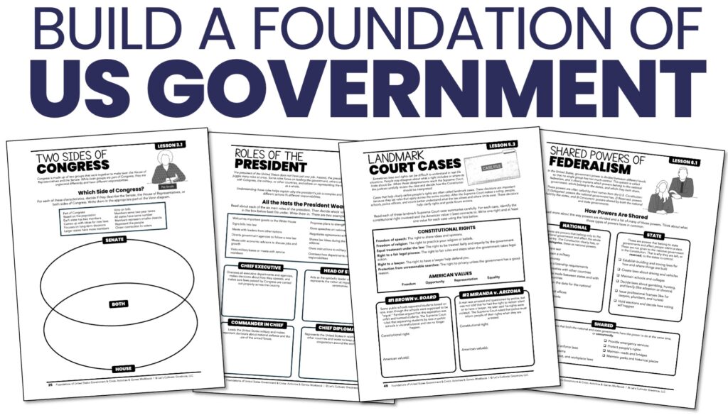 Homeschool civics and government workbook for middle school covering the three branches of government, citizenship, constitutional principles, and civic participation.