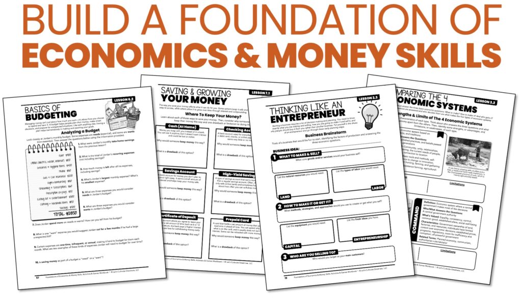 Homeschool economics and financial literacy workbook for middle school covering scarcity, supply and demand, budgeting, banking, and economic decision-making.